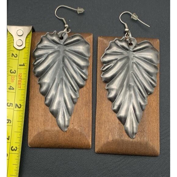 Boho Bohemian Wood / Wooden & Metal Leaf Lightweight Dangle Earrings - Picture 3 of 3